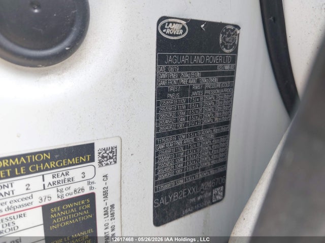 Aukcja sprzedaży 2020 Land Rover Range Rover Velar S, vin: SALYB2EXXLA246706, numer aukcji: 12617468