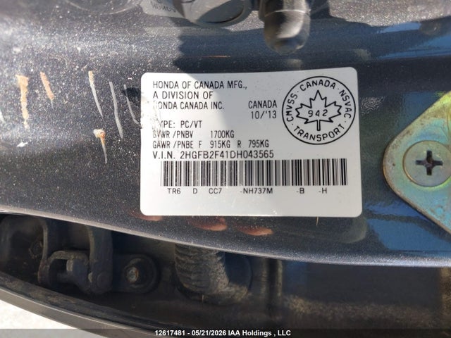 2013 Honda Civic Lx მანქანა იყიდება აუქციონზე, vin: 2HGFB2F41DH043565, აუქციონის ნომერი: 12617481
