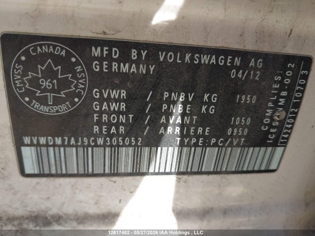 12617482 :رقم المزاد ، WVWDM7AJ9CW305052 vin ، 2012 Volkswagen Golf مزاد بيع