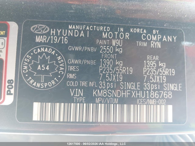Продаж на аукціоні авто 2017 Hyundai Santa Fe Se/limited, vin: KM8SNDHFXHU186768, номер лоту: 12617500