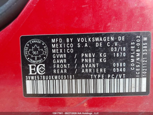 12617501 :رقم المزاد ، 3VWE57BU0KM009181 vin ، 2019 Volkswagen Jetta Sel مزاد بيع