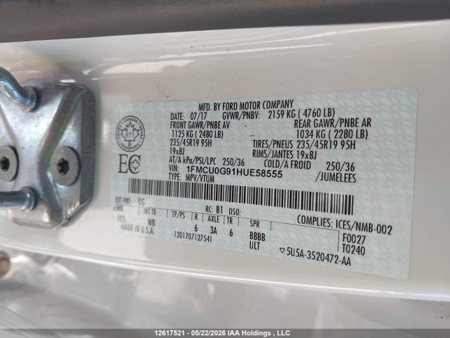 12617521 :رقم المزاد ، 1FMCU0G91HUE58555 vin ، 2017 Ford Escape Se مزاد بيع