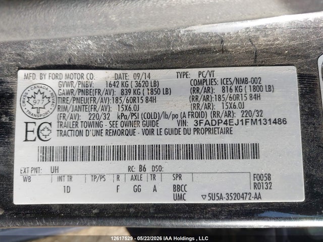 12617529 :رقم المزاد ، 3FADP4EJ1FM131486 vin ، 2015 Ford Fiesta Se مزاد بيع