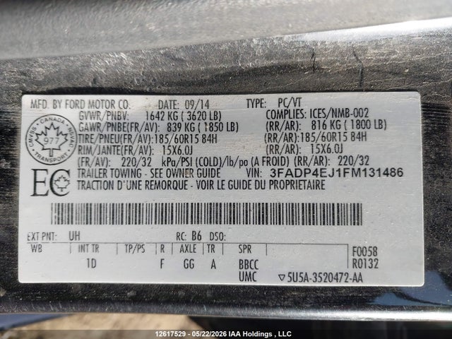 12617529 :رقم المزاد ، 3FADP4EJ1FM131486 vin ، 2015 Ford Fiesta Se مزاد بيع