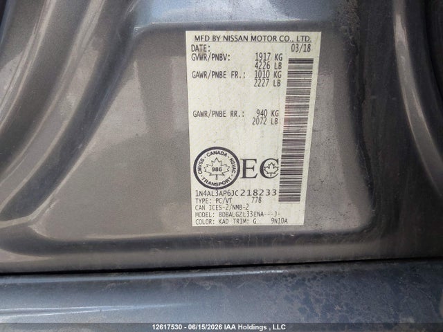 12617530 :رقم المزاد ، 1N4AL3AP6JC218233 vin ، 2018 Nissan Altima 2.5/s/sv/sl/sr مزاد بيع
