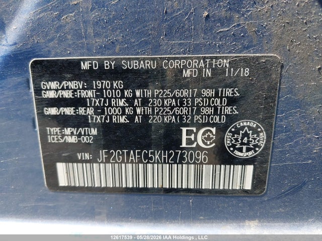 Auction sale of the 2019 Subaru Crosstrek Sport, vin: JF2GTAFC5KH273096, lot number: 12617539