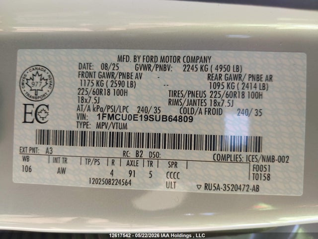 Auction sale of the 2025 Ford Escape Phev, vin: 1FMCU0E19SUB64809, lot number: 12617542