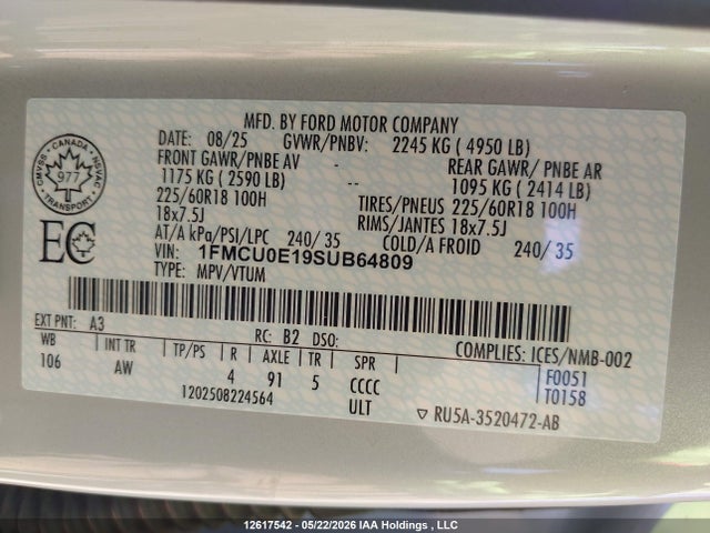 Auction sale of the 2025 Ford Escape Phev, vin: 1FMCU0E19SUB64809, lot number: 12617542