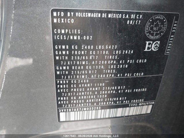 12617543 :رقم المزاد ، 3VV2B7AX7JM033293 vin ، 2018 Volkswagen Tiguan مزاد بيع