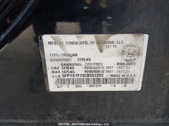 Aukcja sprzedaży 2012 Honda Ridgeline Sport, vin: 5FPYK1F74CB551293, numer aukcji: 12617556