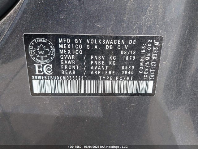 12617560 :رقم المزاد ، 3VWE57BU0KM085323 vin ، 2019 Volkswagen Jetta Sel مزاد بيع