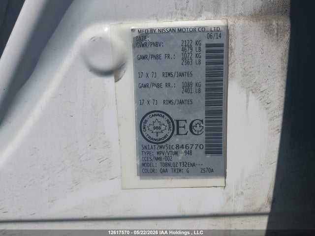 12617570 :رقم المزاد ، 5N1AT2MV5EC846770 vin ، 2014 Nissan Rogue S/sl/sv مزاد بيع