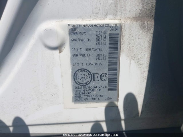 12617570 :رقم المزاد ، 5N1AT2MV5EC846770 vin ، 2014 Nissan Rogue S/sl/sv مزاد بيع