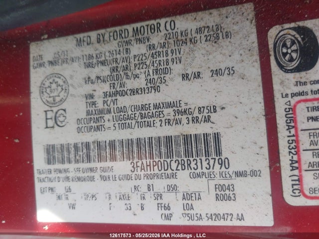 Продаж на аукціоні авто 2011 Ford Fusion Sport, vin: 3FAHP0DC2BR313790, номер лоту: 12617573