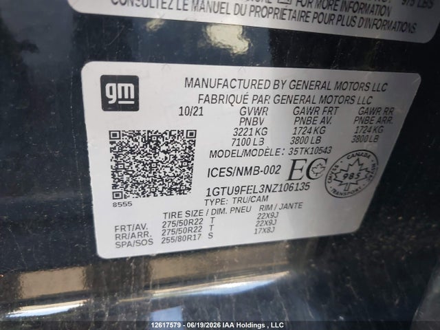 Продаж на аукціоні авто 2022 Gmc Sierra 1500 Limited Denali, vin: 1GTU9FEL3NZ106135, номер лоту: 12617579
