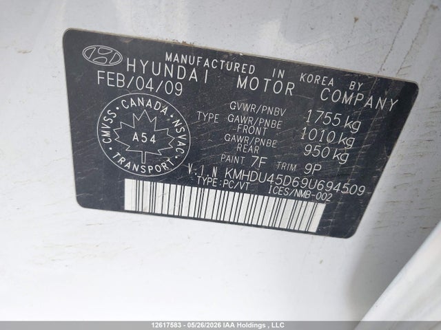 2009 Hyundai Elantra Gl/l მანქანა იყიდება აუქციონზე, vin: KMHDU45D69U694509, აუქციონის ნომერი: 12617583