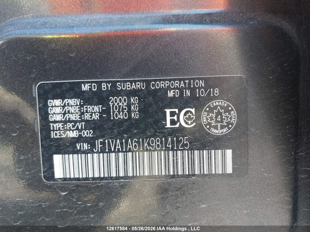 Продаж на аукціоні авто 2019 Subaru Wrx, vin: JF1VA1A61K9814125, номер лоту: 12617584