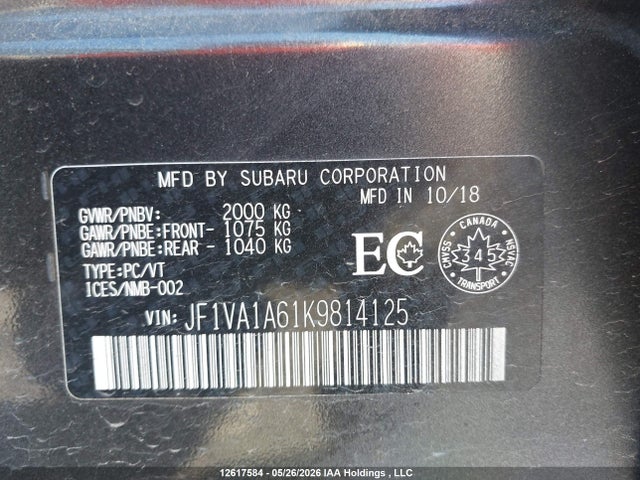 Продаж на аукціоні авто 2019 Subaru Wrx, vin: JF1VA1A61K9814125, номер лоту: 12617584