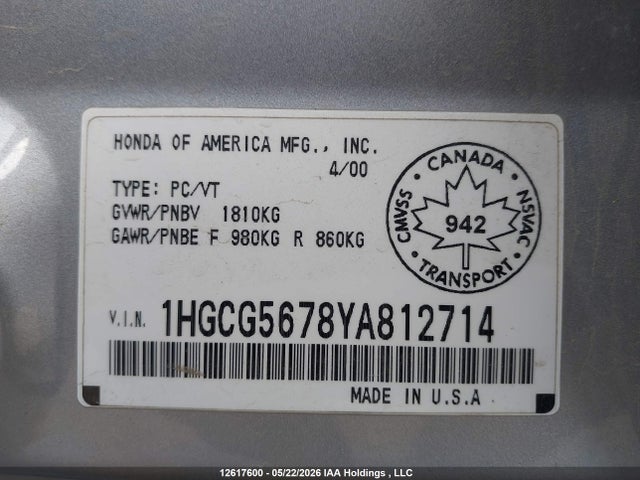 12617600 :رقم المزاد ، 1HGCG5678YA812714 vin ، 2000 Honda Accord Se مزاد بيع