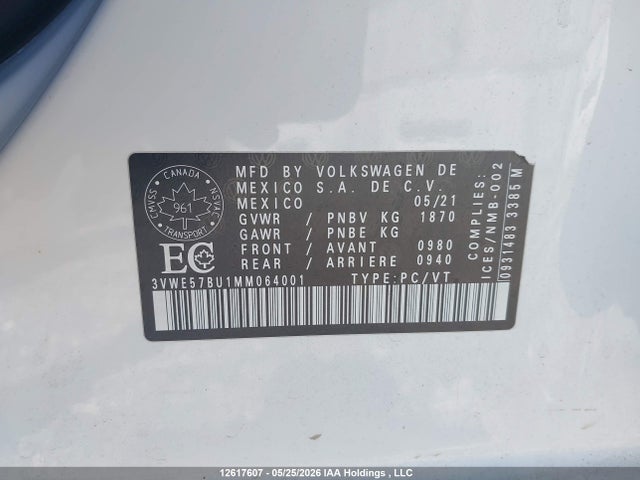 2021 Volkswagen Jetta მანქანა იყიდება აუქციონზე, vin: 3VWE57BU1MM064001, აუქციონის ნომერი: 12617607