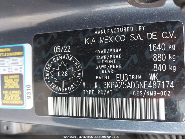 12617609 :رقم المزاد ، 3KPA25AD5NE487174 vin ، 2022 Kia Rio Lx Premium/lx+ مزاد بيع