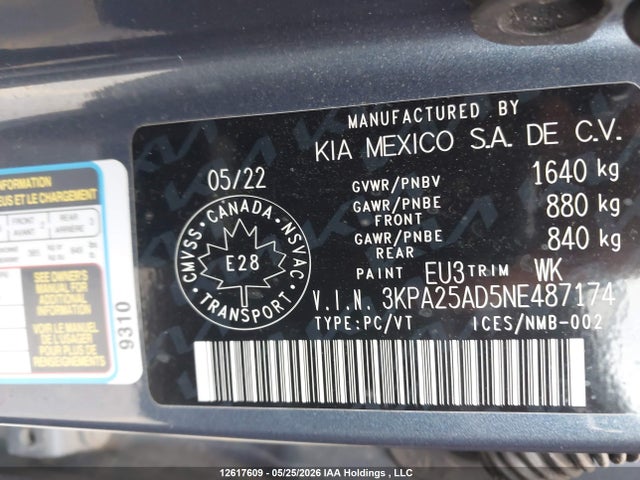 12617609 :رقم المزاد ، 3KPA25AD5NE487174 vin ، 2022 Kia Rio Lx Premium/lx+ مزاد بيع