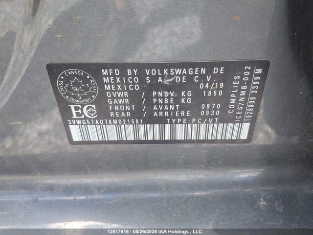 12617616 :رقم المزاد ، 3VWG57AU7KM021581 vin ، 2019 Volkswagen Golf 1.4 Tsi Comfortline/1.4 Tsi Execline/1.4 Tsi Highline مزاد بيع