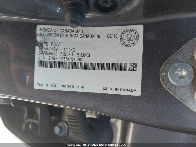 2019 Honda Civic Lx მანქანა იყიდება აუქციონზე, vin: 2HGFC2F57KH040267, აუქციონის ნომერი: 12617623