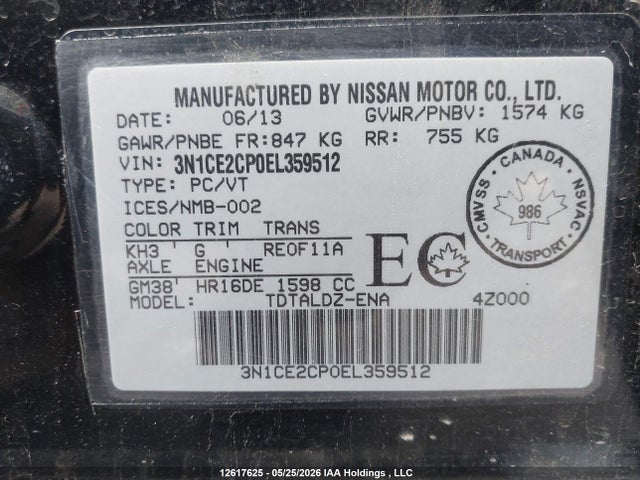Aukcja sprzedaży 2014 Nissan Versa Note S/s Plus/sv/sl, vin: 3N1CE2CP0EL359512, numer aukcji: 12617625