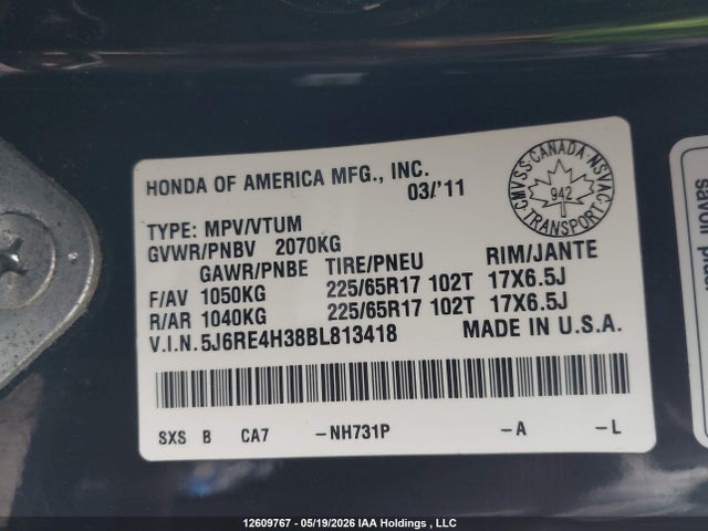 12609767 :رقم المزاد ، 5J6RE4H38BL813418 vin ، 2011 Honda Cr-v Lx مزاد بيع