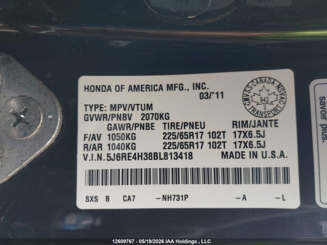 12609767 :رقم المزاد ، 5J6RE4H38BL813418 vin ، 2011 Honda Cr-v Lx مزاد بيع