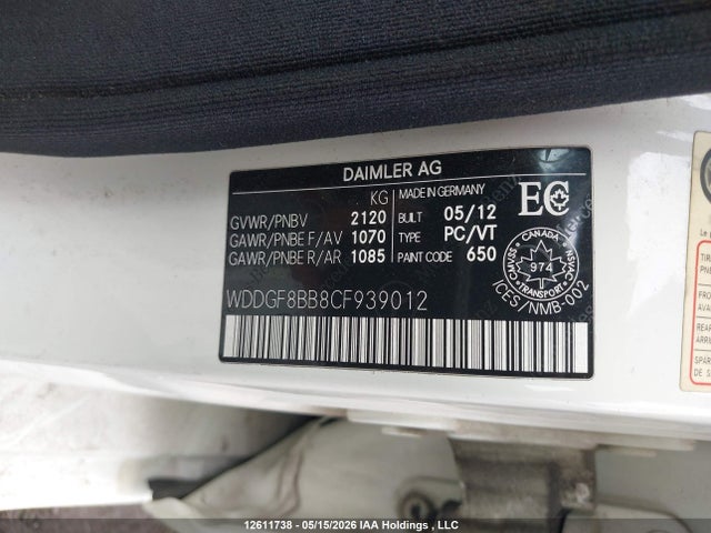 Aukcja sprzedaży 2012 Mercedes-benz C 300 4matic, vin: WDDGF8BB8CF939012, numer aukcji: 12611738