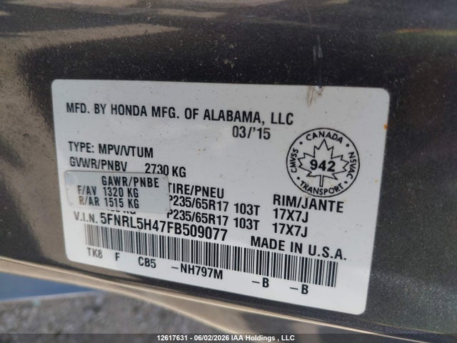 12617631 :رقم المزاد ، 5FNRL5H47FB509077 vin ، 2015 Honda Odyssey مزاد بيع