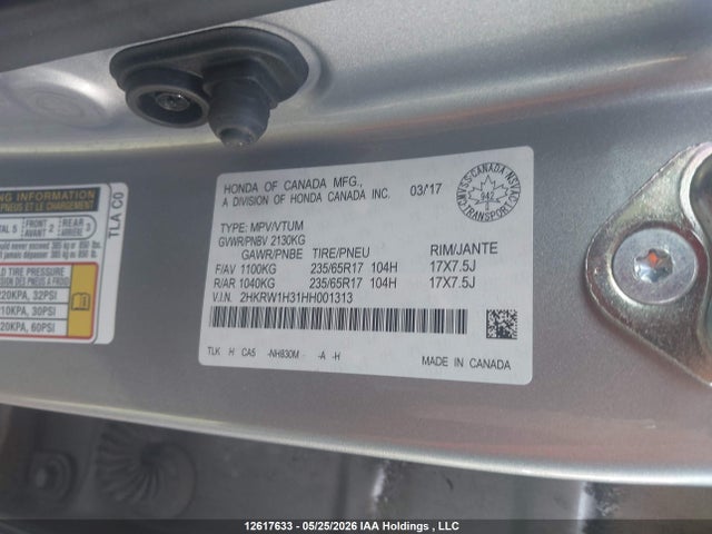 12617633 :رقم المزاد ، 2HKRW1H31HH001313 vin ، 2017 Honda Cr-v مزاد بيع