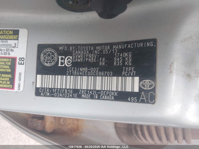12617636 :رقم المزاد ، 2T1BU4EE0DC096703 vin ، 2013 Toyota Corolla S/le مزاد بيع