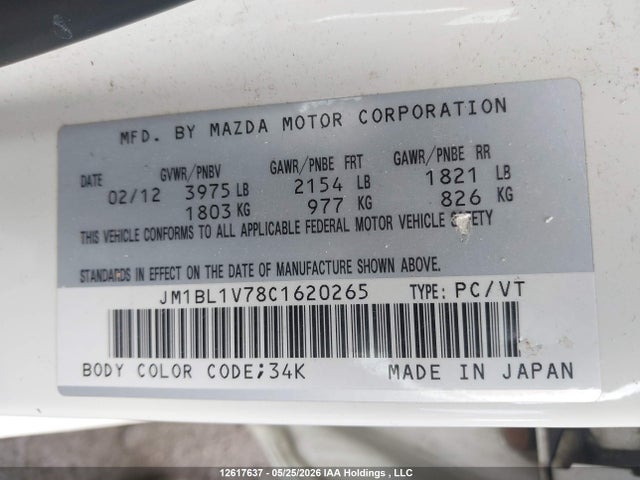 12617637 :رقم المزاد ، JM1BL1V78C1620265 vin ، 2012 Mazda 3 I مزاد بيع