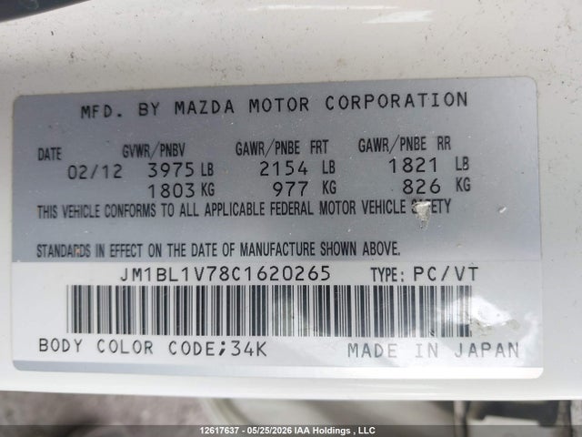 12617637 :رقم المزاد ، JM1BL1V78C1620265 vin ، 2012 Mazda 3 I مزاد بيع