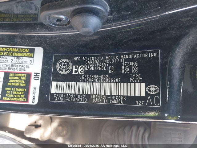 12595888 :رقم المزاد ، 2T1BURHE9EC096287 vin ، 2014 Toyota Corolla S مزاد بيع