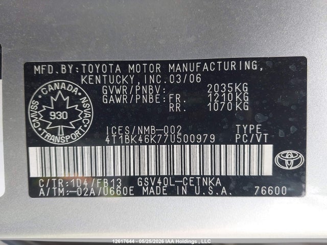 Продажа на аукционе авто 2007 Toyota Camry Le/xle/se, vin: 4T1BK46K77U500979, номер лота: 12617644