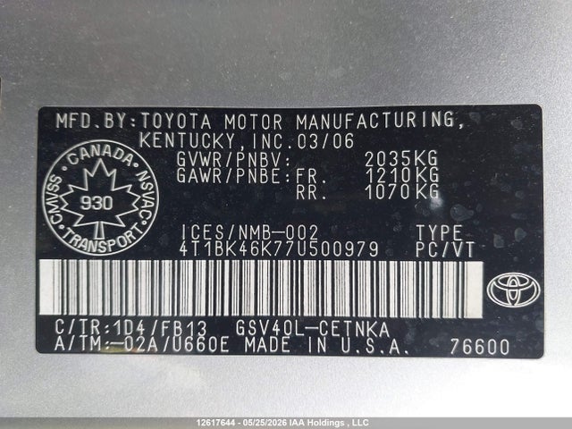 Продажа на аукционе авто 2007 Toyota Camry Le/xle/se, vin: 4T1BK46K77U500979, номер лота: 12617644