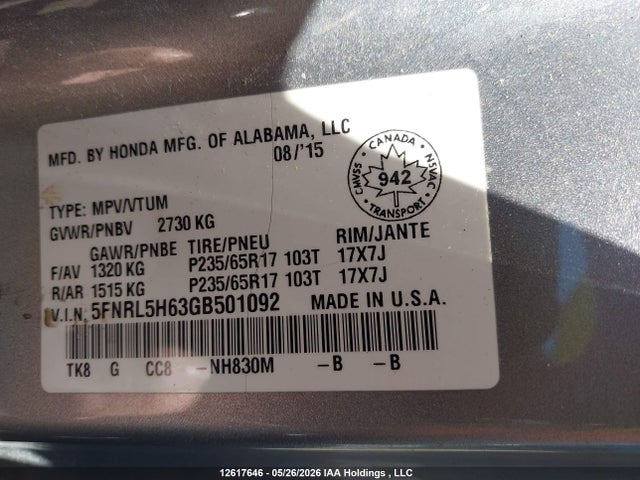 12617646 :رقم المزاد ، 5FNRL5H63GB501092 vin ، 2016 Honda Odyssey Ex-l مزاد بيع
