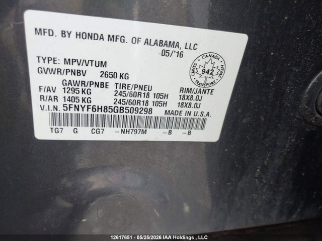 5FNYF6H85GB509298 Honda Pilot Ex-l Res