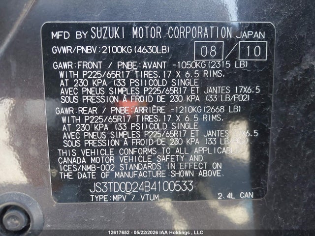 Продажа на аукционе авто 2011 Suzuki Grand Vitara Jx, vin: JS3TD0D24B4100533, номер лота: 12617652