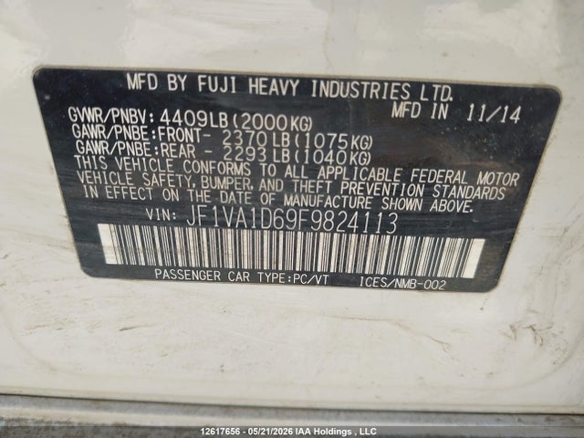 Продажа на аукционе авто 2015 Subaru Wrx Sport Package, vin: JF1VA1D69F9824113, номер лота: 12617656