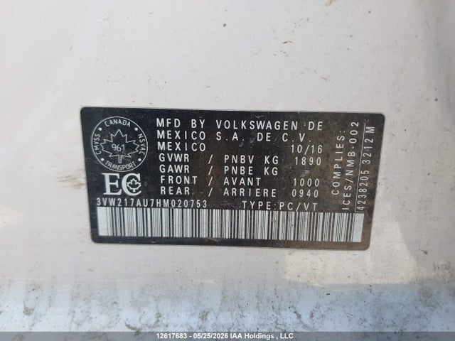 Auction sale of the 2017 Volkswagen Golf S/wolfsburg/se/sel, vin: 3VW217AU7HM020753, lot number: 12617683