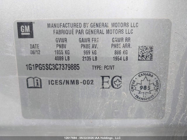 12617694 :رقم المزاد ، 1G1PG5SC3C7379885 vin ، 2012 Chevrolet Cruze Lt مزاد بيع