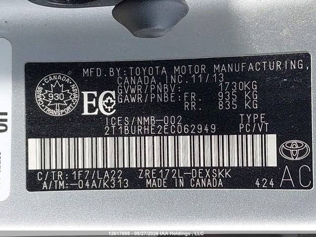 2014 Toyota Corolla S მანქანა იყიდება აუქციონზე, vin: 2T1BURHE2EC062949, აუქციონის ნომერი: 12617695