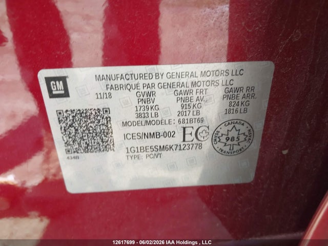 Aukcja sprzedaży 2019 Chevrolet Cruze Lt, vin: 1G1BE5SM6K7123778, numer aukcji: 12617699