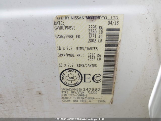 5N1AZ2MH6JN147882 Nissan Murano S/sl/sv/platinum