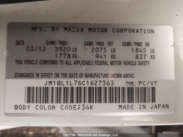 Aukcja sprzedaży 2012 Mazda Mazda3 Gs-sky, vin: JM1BL1L76C1627363, numer aukcji: 12617706